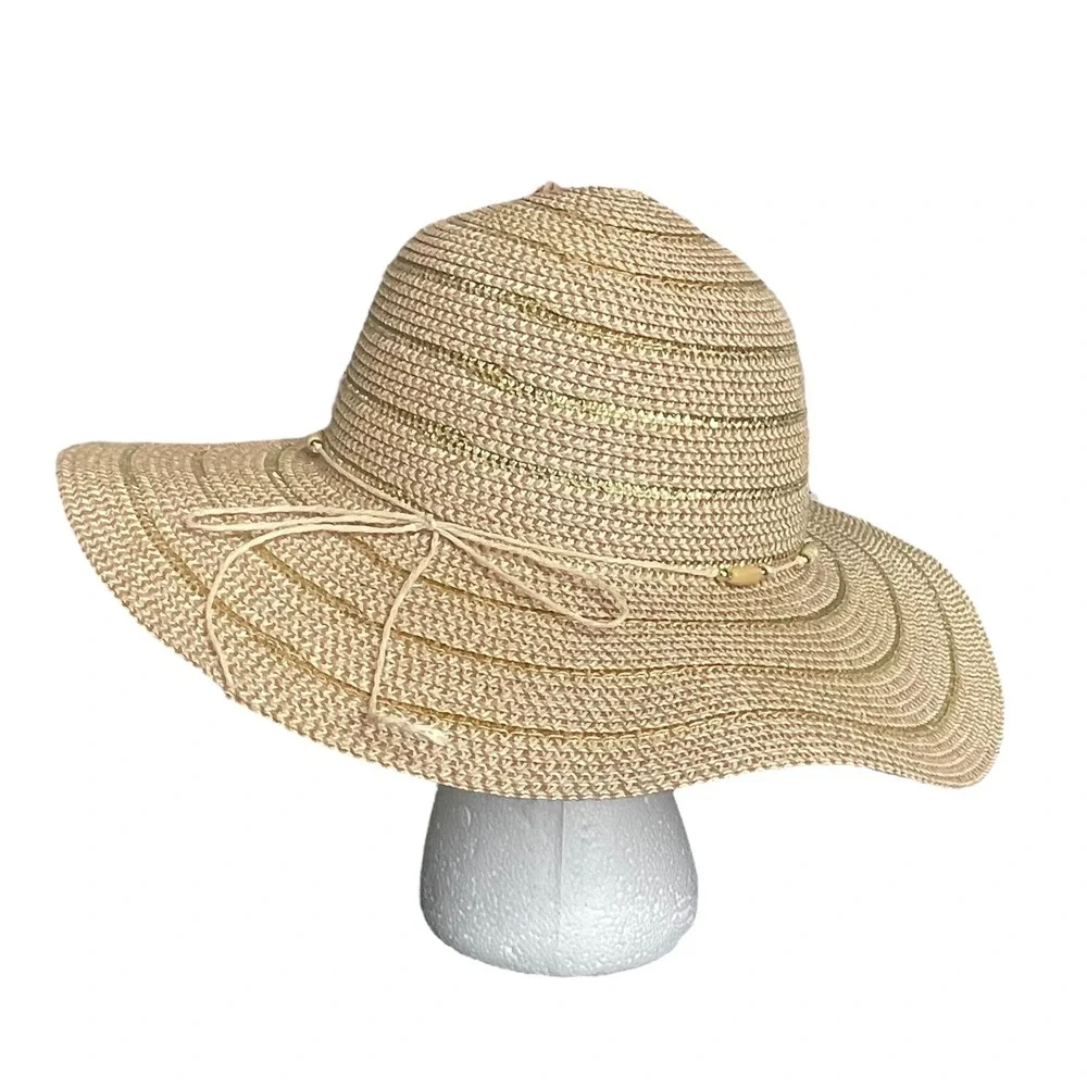 Chico's Straw Sun Hat Womens Beige Gold Woven Wide‎ Brim Beach Summer Travel